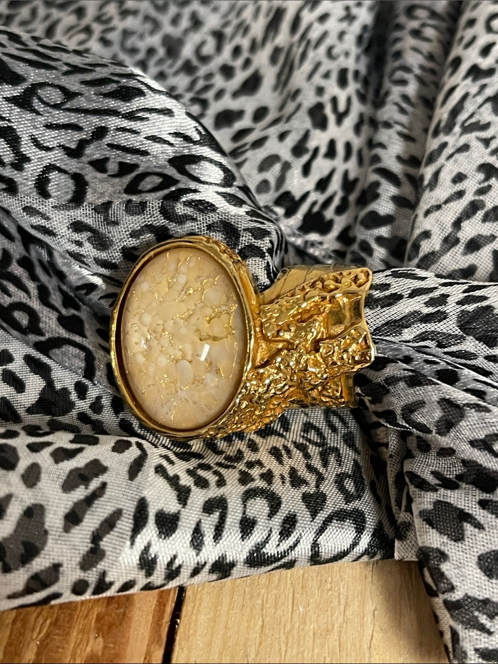 Yves Saint Laurent Gold-Tone Ring with Cream Marbled Stone
